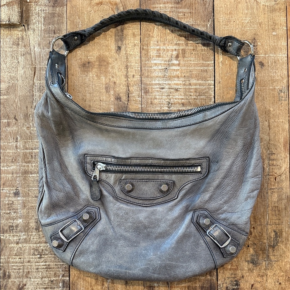 Steel Grey Balenciaga Day Trip Leather Hobo Bag with Silver Hardware